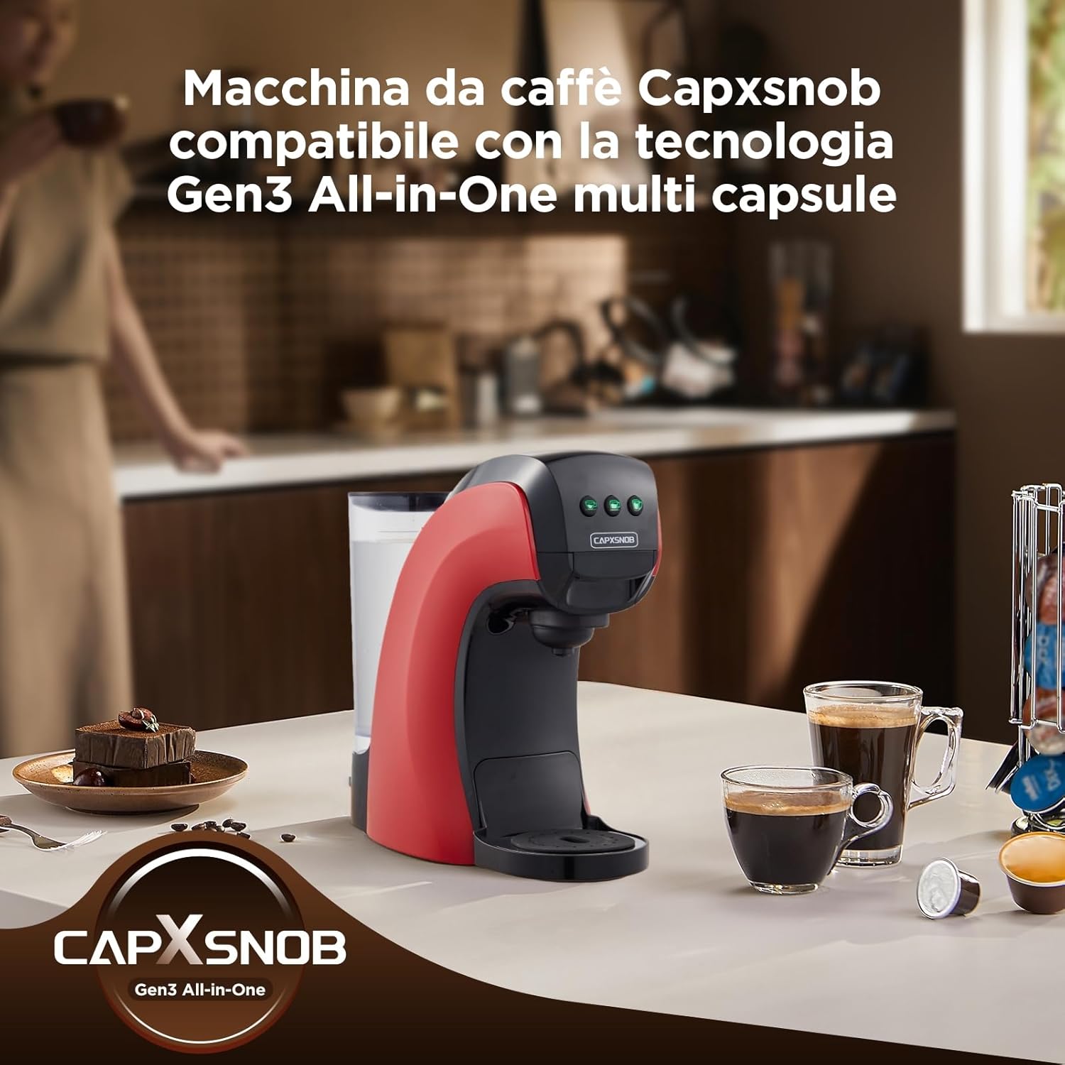 Warriors1 Macchina da Caffè Capsule 5in1 per Nespresso OL, Dolce Gusto, Lavazza A Modo Mio, FAP Espresso Point e Caffè Macinato, 20bar, 0,8L, Calore e Quantità Regolabili, Compatta per Casa e Ufficio