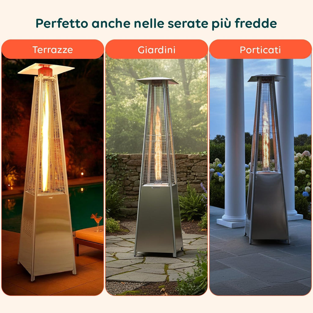 Wintem - Stufa a Gas da Esterno Aura a Piramide Grigia 12kW con Accensione Piezoelettrica e Termostato Regolabile per Terrazze e Giardini, Funzionamento con Bombola GPL o Butano, Design Moderno