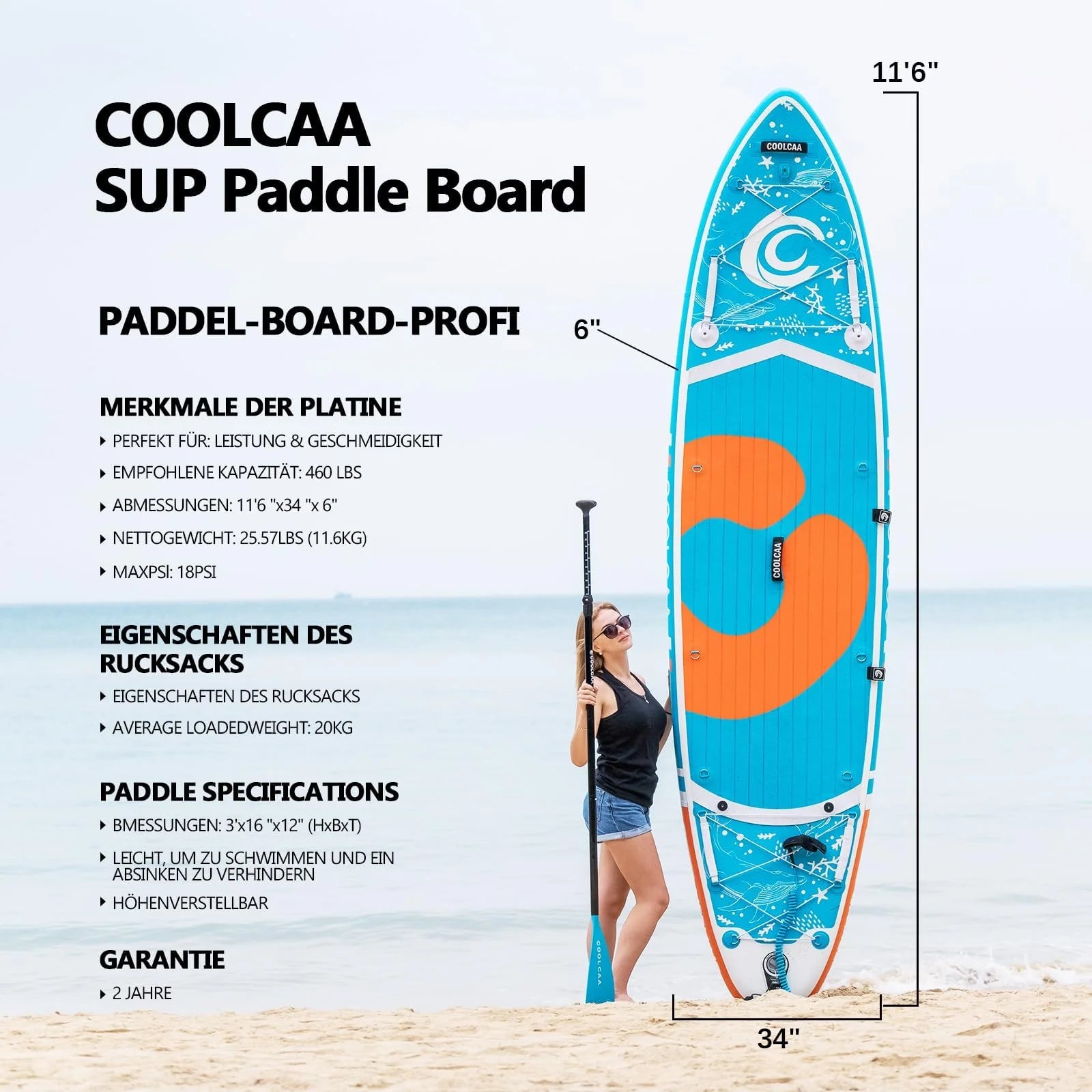 COOLCAA tavola da stand up paddling 354cm x 86cm x 15cm con accessori SUP premium, capacità di carico fino a 210 kg, tavola SUP per adulti e giovani di tutti i livelli