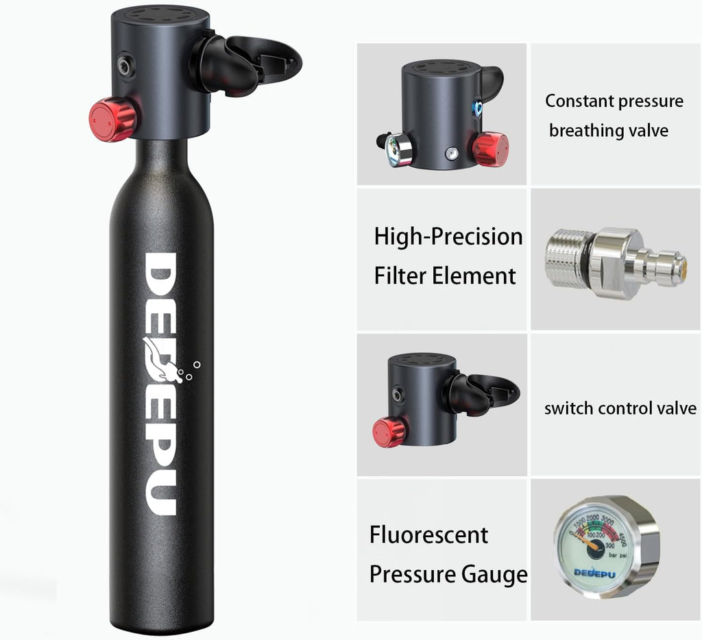 Bombola per immersioni subacquee, mini bombola da 0,5 l a pressione costante, bombole con valvola di intercettazione, capacità di immersione subacquea di 5-10 minuti, mini bombole portatili, bombole per immersioni subacquee con pompa