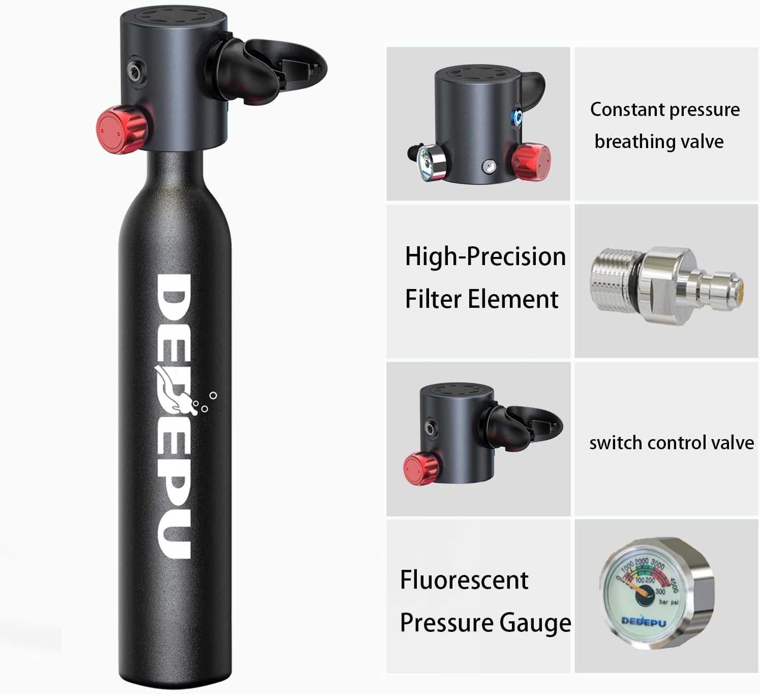 Bombola per immersioni subacquee, mini bombola da 0,5 l a pressione costante, bombole con valvola di intercettazione, capacità di immersione subacquea di 5-10 minuti, mini bombole portatili, bombole per immersioni subacquee con pompa