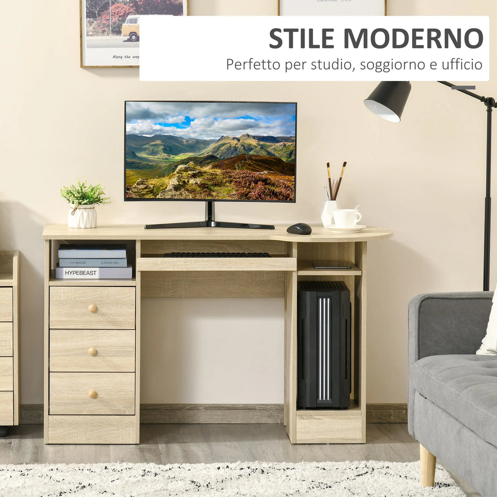 Easycomfort Scrivania da PC per Ufficio con Scaffali, Cassetti e Ripiano Testiera in Legno, 125x60x74cm