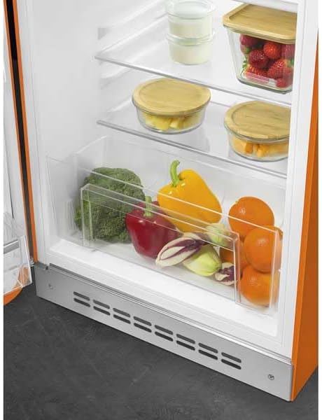Smeg, FAB10LOR6 Frigorifero Tavolo Top Vintage 1 Anta, 122L, Cerniere a Sinistra, Freddo Statico, Congelatore 17L, 1 Clayette Regolabile, 1 Vassoio Verdure e Illuminazione LED, H 97 cm, Arancione