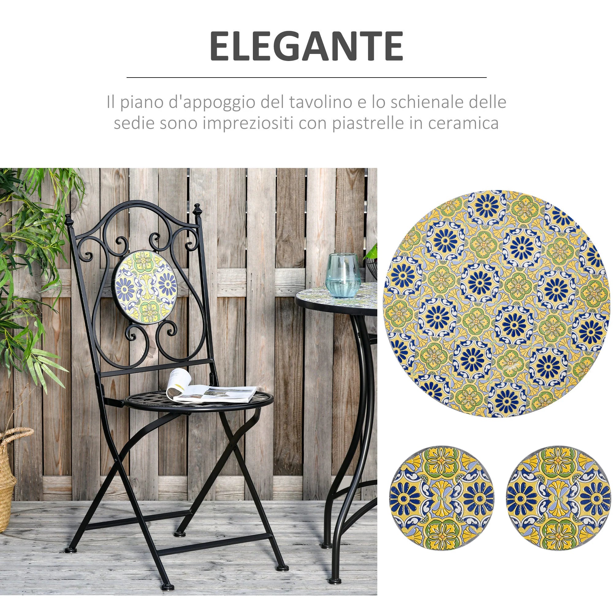 Easycomfort Set Tavolo e Sedie da Balcone 3 Pezzi, Set da Giardino Pieghevoli in Metallo con Maioliche Colorate, Multicolore