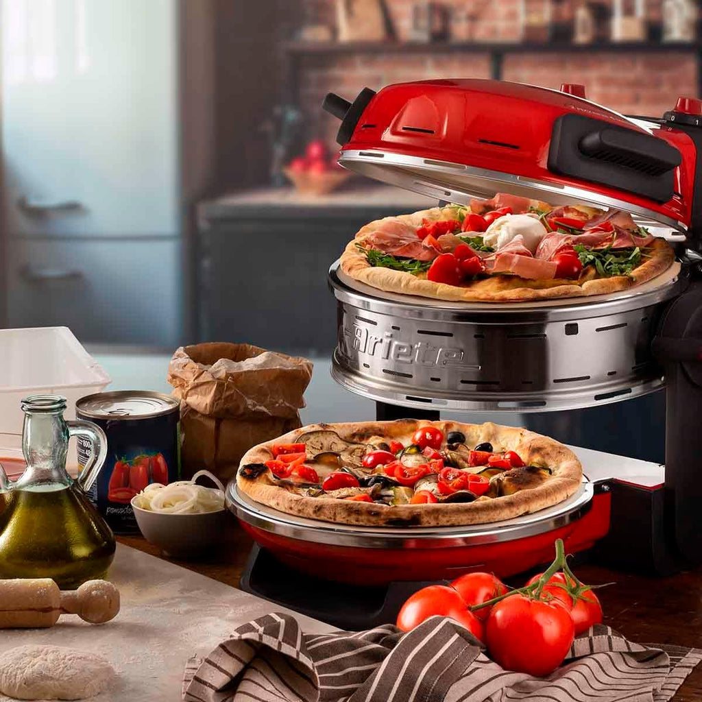 Ariete 927 Pizzeria Ariete, Forno pizza doppio, 2300 W, 2 pietre refrattarie, 2 pizze in 4 minuti, 2 termostati, Diametro 32 cm, 5 livelli di cottura, 2 pale in acciaio inox, Rosso