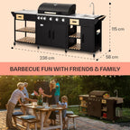 Griglia per barbecue a gas con 5 + 1 bruciatori di alta qualità, con lavello e tavoli da lavoro, 20,7 kW, stazione da cucina per esterni, per raduni, feste in giardino e catering, grande capacità di