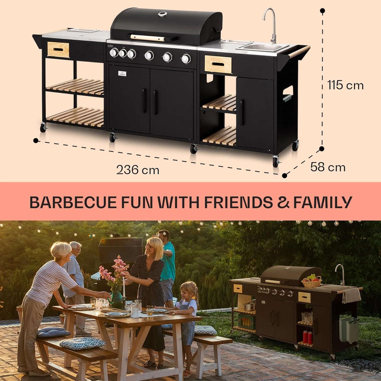Griglia per barbecue a gas con 5 + 1 bruciatori di alta qualità, con lavello e tavoli da lavoro, 20,7 kW, stazione da cucina per esterni, per raduni, feste in giardino e catering, grande capacità di