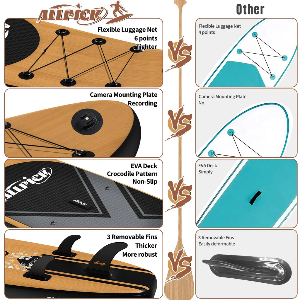 ALLPICK Set premium tavola SUP, tavola da Stand Up Paddling gonfiabile, con supporto universale per fotocamera, accessori completi, pagaia regolabile, principianti e avanzati, finitura effetto legno.