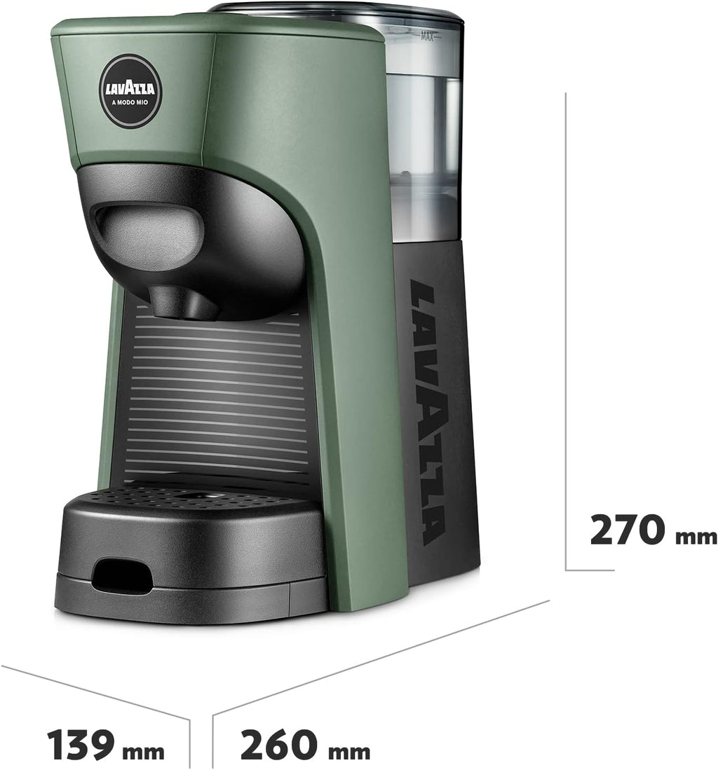 Lavazza, A Modo Mio Macchina per Caffè Tiny Eco Verde con 64 Capsule ¡Tierra! Assortite, Macchina per Espresso in Plastica Riciclata, 1450 W, 220-240 V, 50/60 Hz, 0.6 Litri