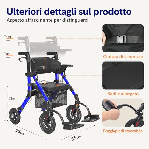 VOCIC Deambulatore Sedia Rotelle 2 in 1|Deambulatore per anziani 4 ruote con seduta,Carrello pieghevole per tutti i terreni|Rollator da esterno egolabile in altezza in alluminio |Blu 5 anni garanzia : Amazon.it: Salute e cura della persona