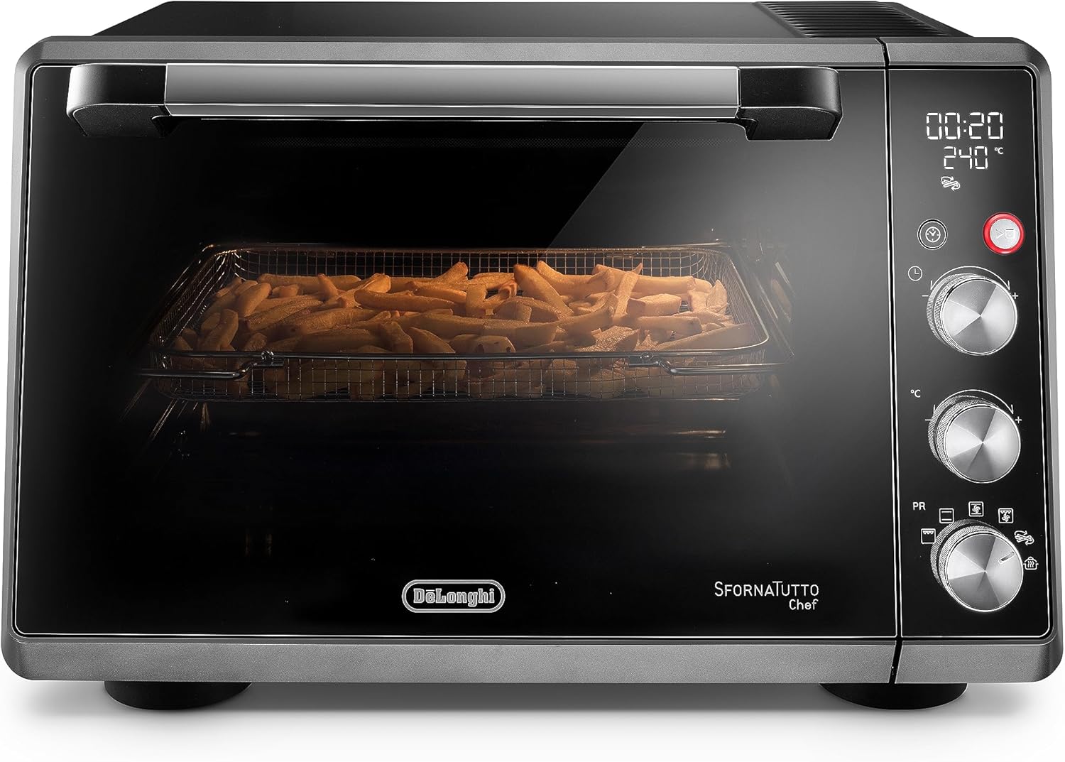 De'Longhi Sfornatutto Chef DO34326, Forno Elettrico Ventilato, 6 Funzioni Cottura, Funzione Friggitrice ad Aria, Display LCD, Timer 120', Leccarda, Griglia e Cestino Inclusi, Capacità 34L, 2000W, Nero