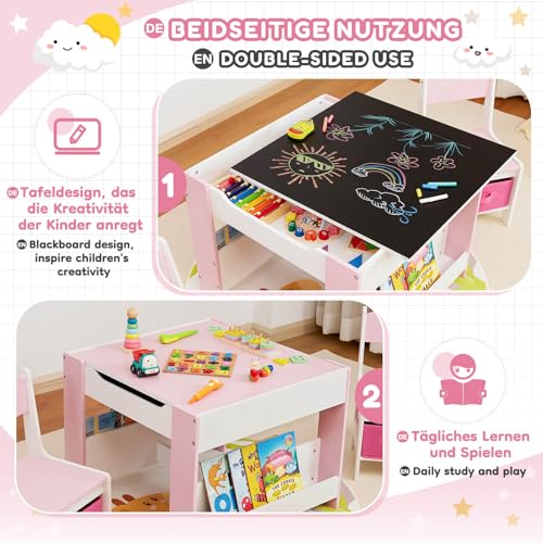Yorbay Tavolo per Bambini con 2 Sedie, Set di Mobili per Bambini in Legno con Vano Portaoggetti e Scaffalature, 3 in 1, Tavolo da Attività e Tavolo da Tavolo, Cameretta dei Bambini,Sala Giochi : Casa e cucina