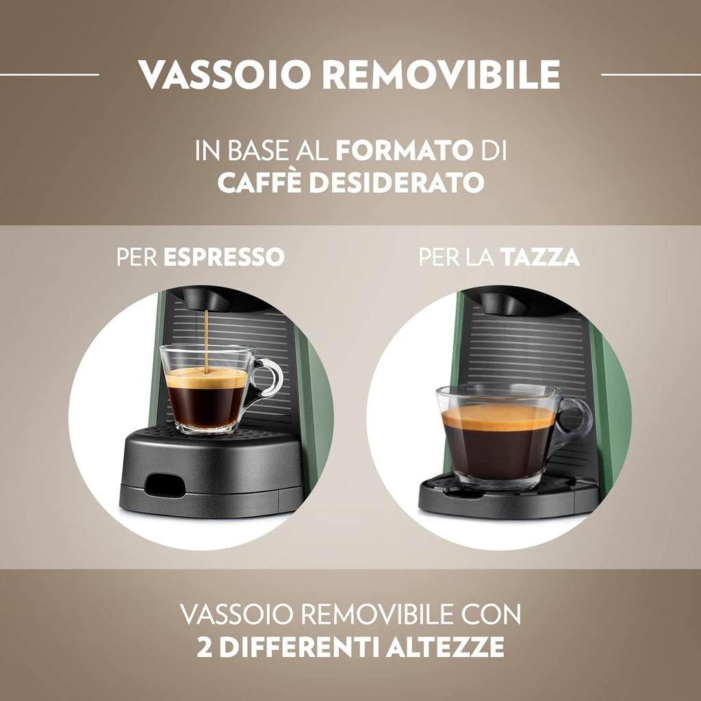 Lavazza, A Modo Mio Macchina per Caffè Tiny Eco Verde con 64 Capsule ¡Tierra! Assortite, Macchina per Espresso in Plastica Riciclata, 1450 W, 220-240 V, 50/60 Hz, 0.6 Litri
