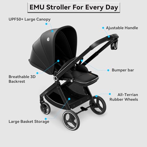 Passeggino Reversibile leggero (nero), ELITTLE EMU, passeggino portatile da 25 kg, ruote per tutti i terreni, pieghevole compatto, schienale regolabile a 95 175°, parasole UPF50  : Prima infanzia