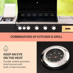 Griglia per barbecue a gas con 5 + 1 bruciatori di alta qualità, con lavello e tavoli da lavoro, 20,7 kW, stazione da cucina per esterni, per raduni, feste in giardino e catering, grande capacità di