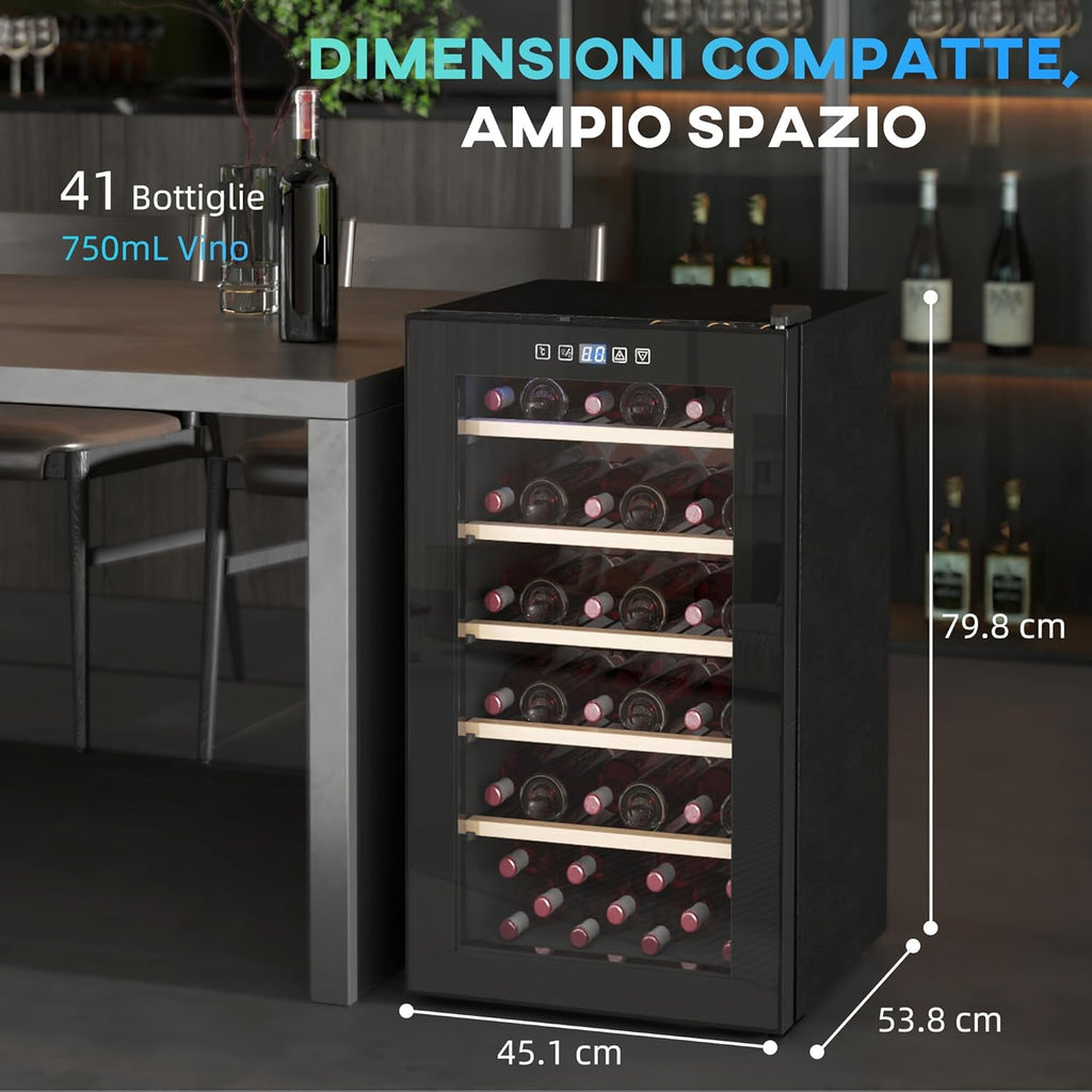 HOMCOM Cantinetta Vino Refrigerata 41 Bottiglie 91L Cantina Vino Silenziosa Temperatura Regolabile 5-20℃ Frigo Vino Bar con Vetro Anti UV, Ripiani, Compressore, Display Touch, Luci LED, Classe G, Nera
