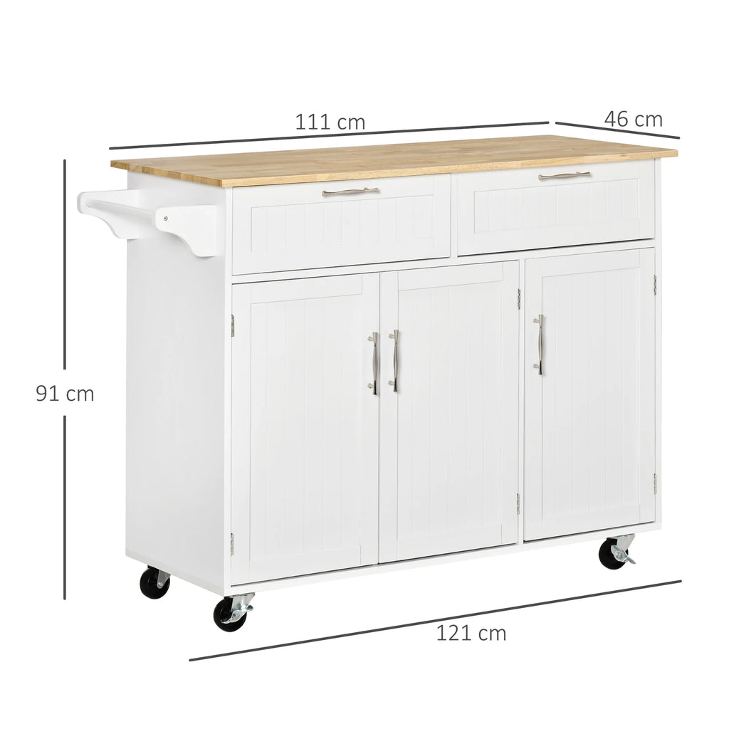 Easycomfort Carrello da Cucina Multiuso in Legno con 2 Cassetti, 3 Antine e 4 Ruote 121x46x91cm - Bianco