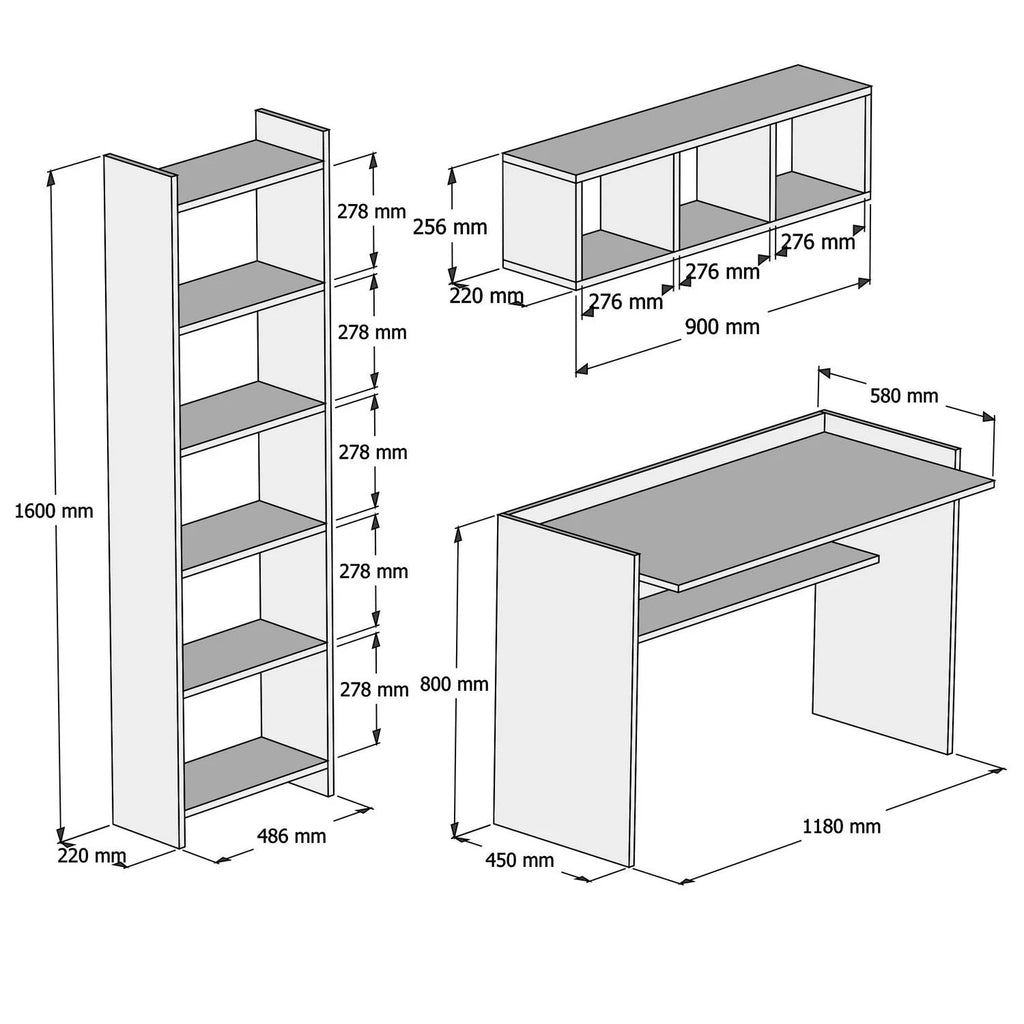 Composizione moderna scrivania per ufficio e casa in legno con mensola e libreria