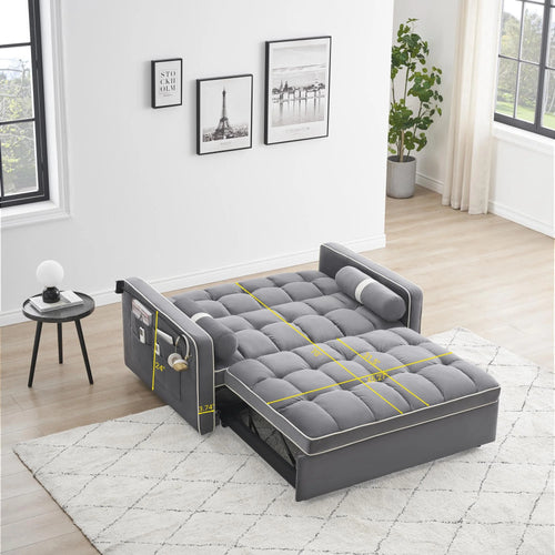 3 in 1 divano letto, piccolo velluto trapuntato convertibile divano futon con letto estraibile, schienale regolabile, cuscini cilindrici, multitasche, porta telefono per il soggiorno appartamento, grigio, 55,5”.