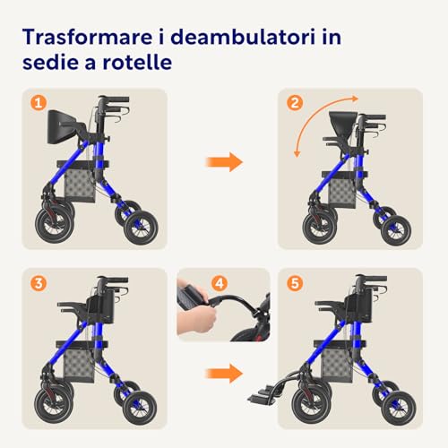 VOCIC Deambulatore Sedia Rotelle 2 in 1|Deambulatore per anziani 4 ruote con seduta,Carrello pieghevole per tutti i terreni|Rollator da esterno egolabile in altezza in alluminio |Blu 5 anni garanzia : Amazon.it: Salute e cura della persona