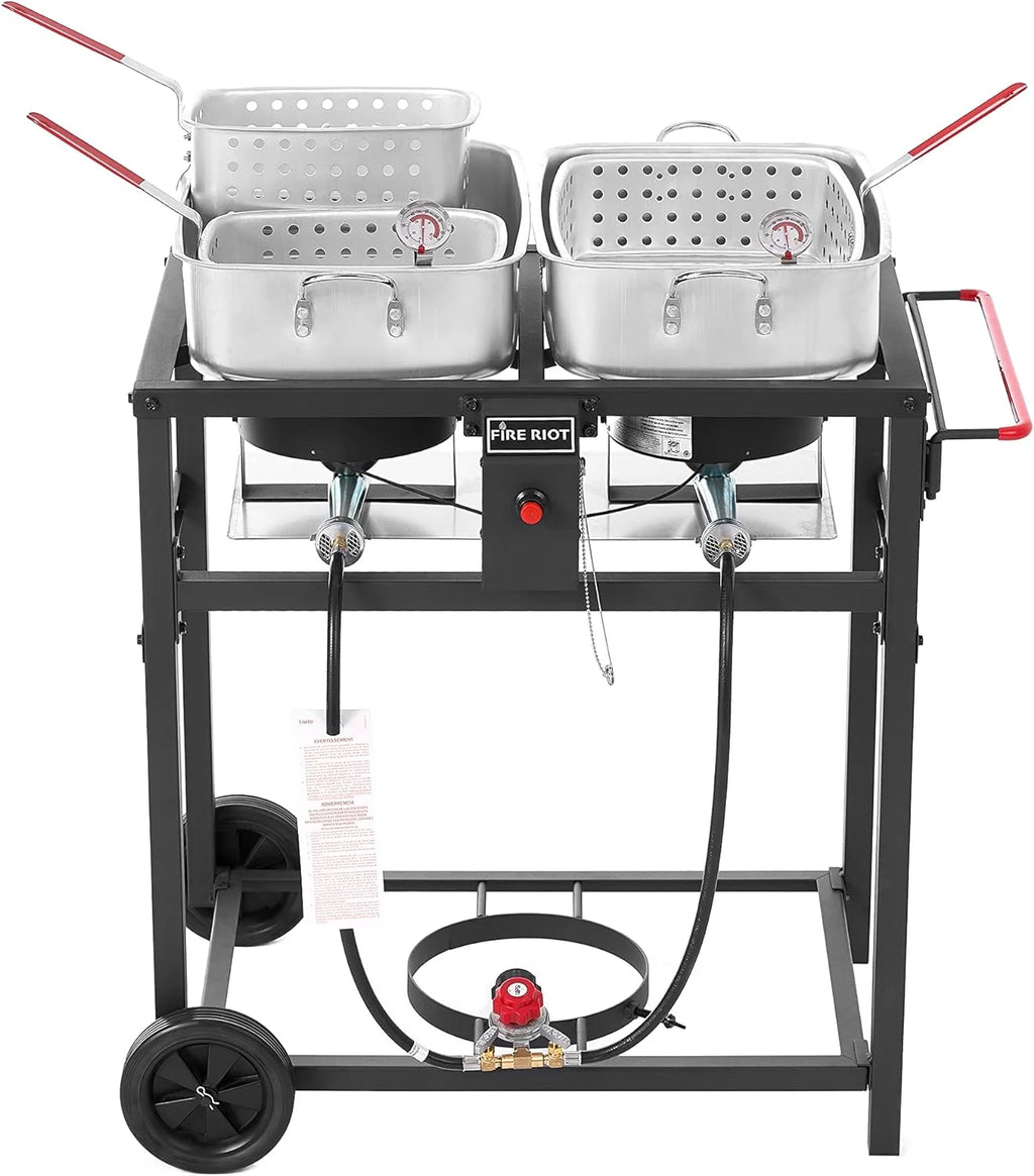 Carrello per friggitrice a doppio bruciatore a propano per esterni, 2 pentole in alluminio da 18 QT e cestelli per friggere, ideale per fritture di pesce, alette di pollo, patatine fritte, patatine fritte Cajun