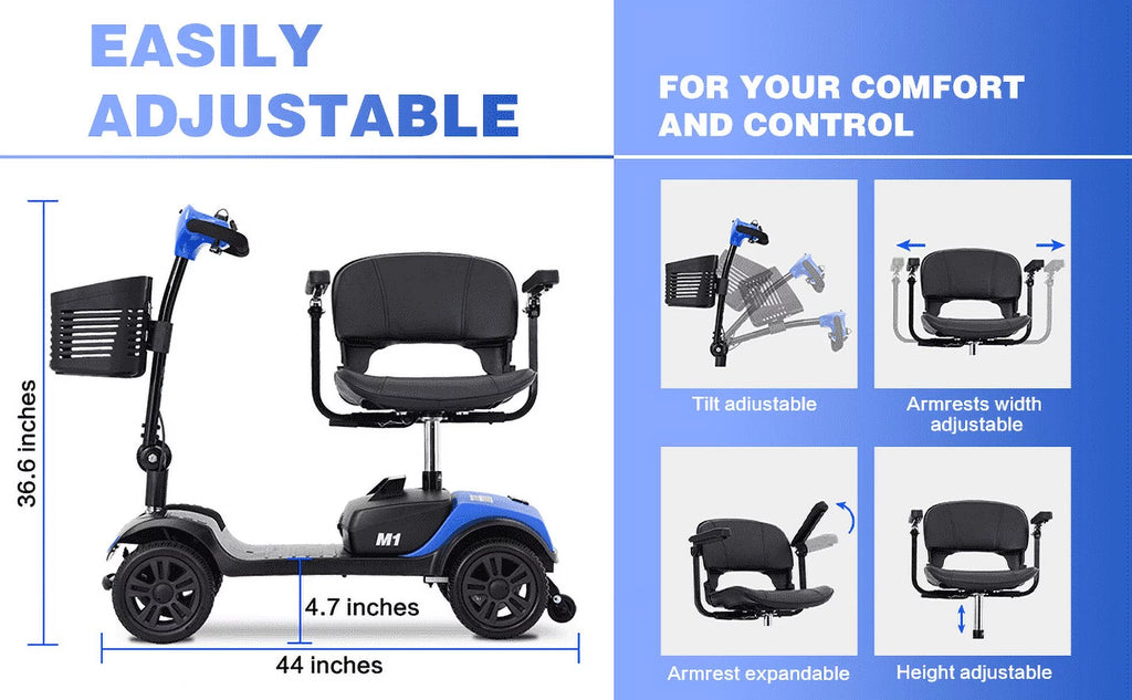 Scooter elettrico per anziani, sedia a rotelle elettrica pieghevole con cestino, pieghevole e compatto per viaggiare con la famiglia (blu) - MadeInUSA