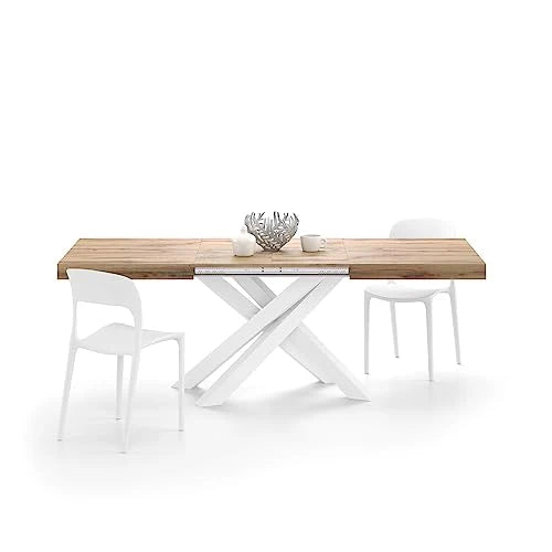 Mobili Fiver Emma 140 Tavolo da Pranzo Allungabile – Piano in Rovere Rustico con Gambe Bianche Incrociate, Laminato/Ferro, Made in Italy
