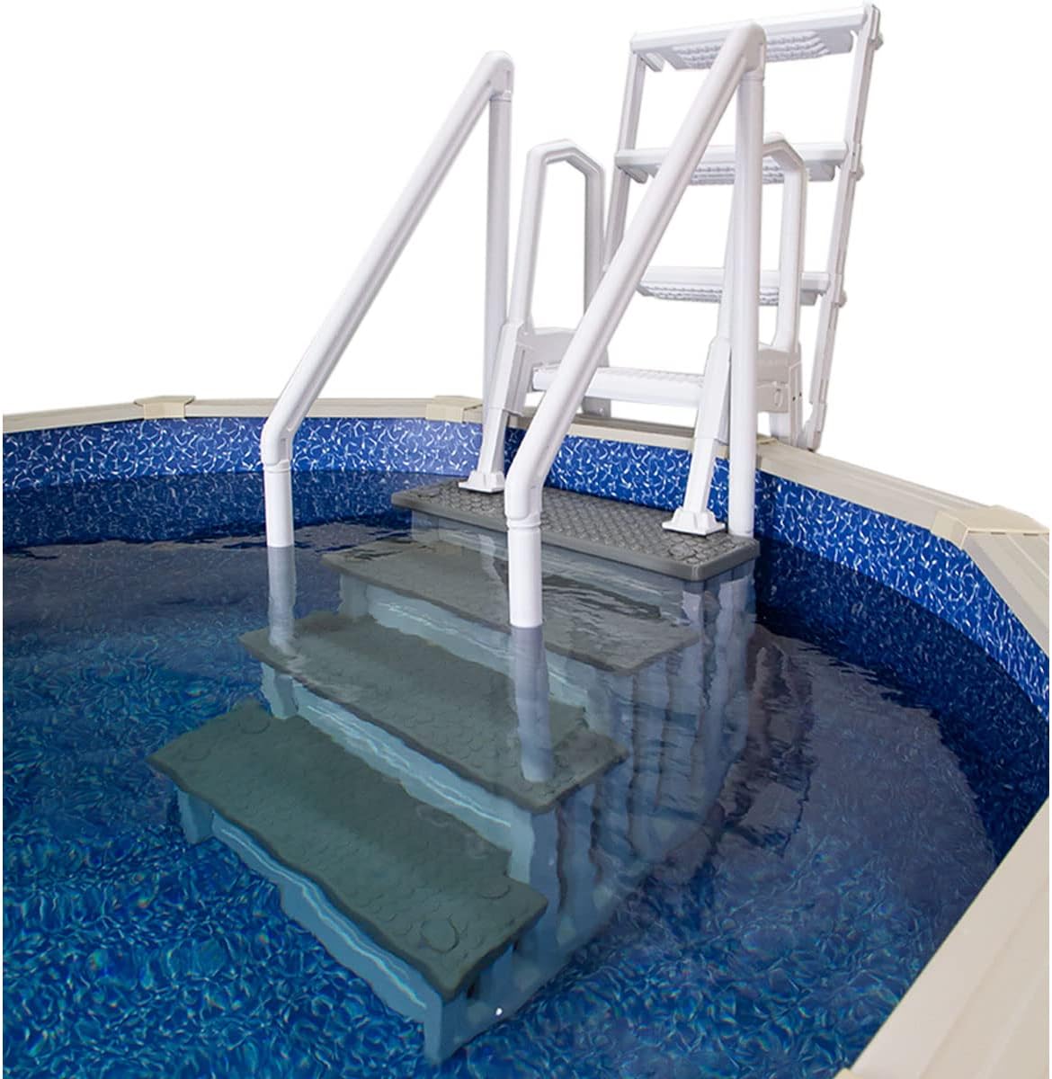 Gradini antiscivolo per piscine | Grigi | Per piscine fuori terra | Possono essere montati su ponti alti da 48" a 54" | Scale di sicurezza con portata fino a 300 libbre