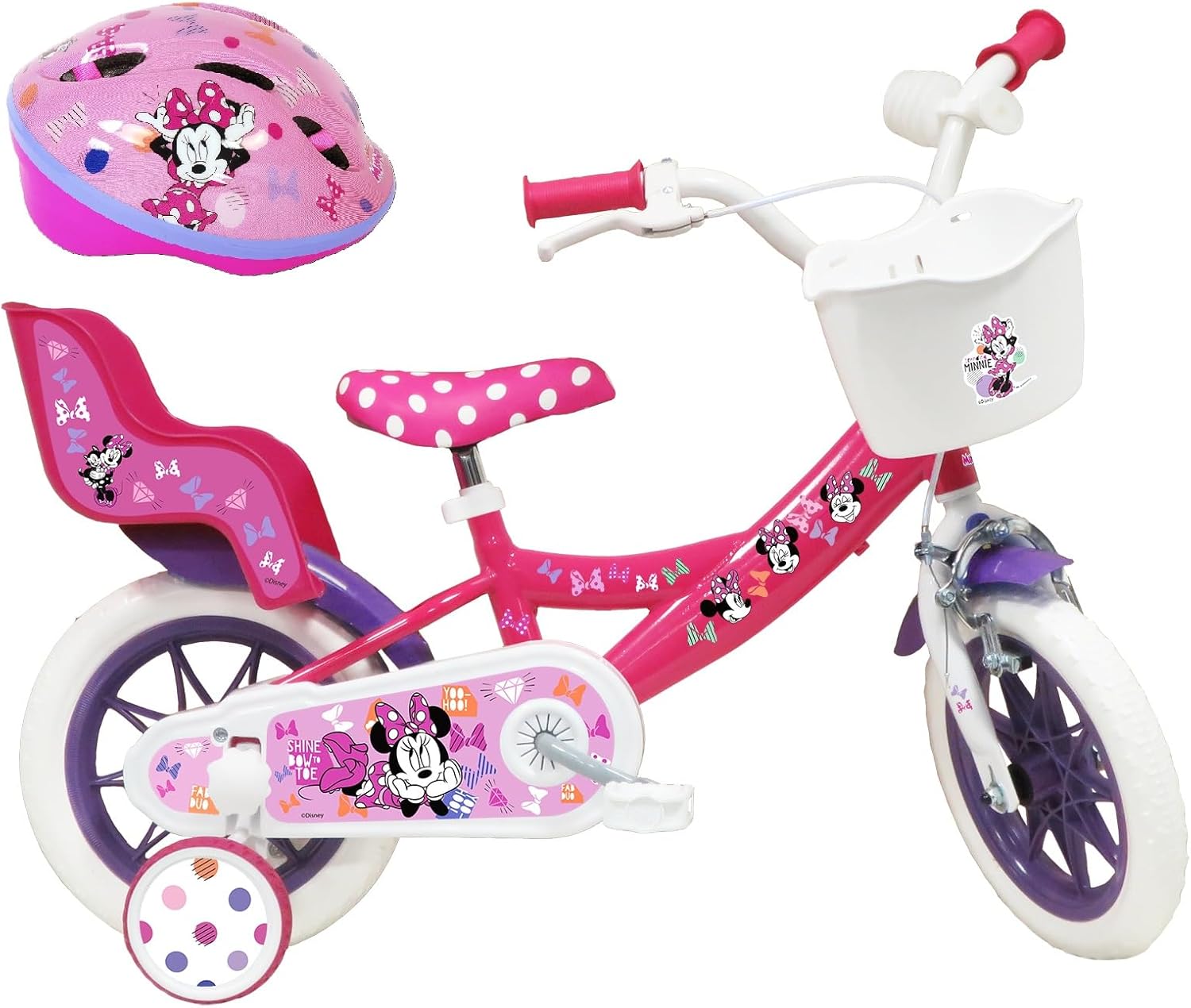 Bicicletta da Bambino 12' Dotata di 1 Freno, Cestino Anteriore, Porta Bambola Posteriore, parafanghi + Casco Incluso, 12" Ragazza, Rosa