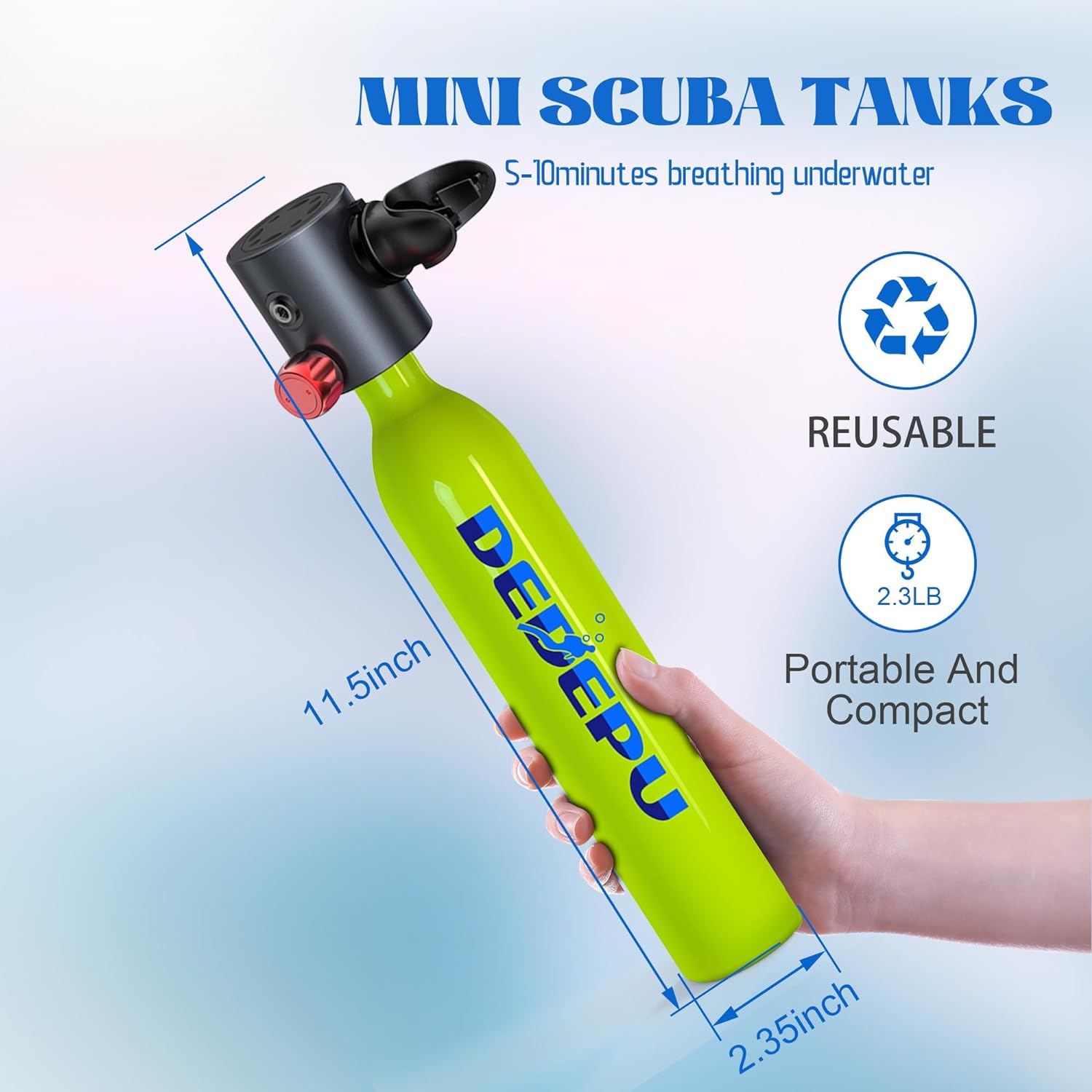 Bombola per immersioni subacquee, mini bombola da 0,5 l a pressione costante, bombole con valvola di intercettazione, capacità di immersione subacquea di 5-10 minuti, mini bombole portatili, bombole per immersioni subacquee con pompa