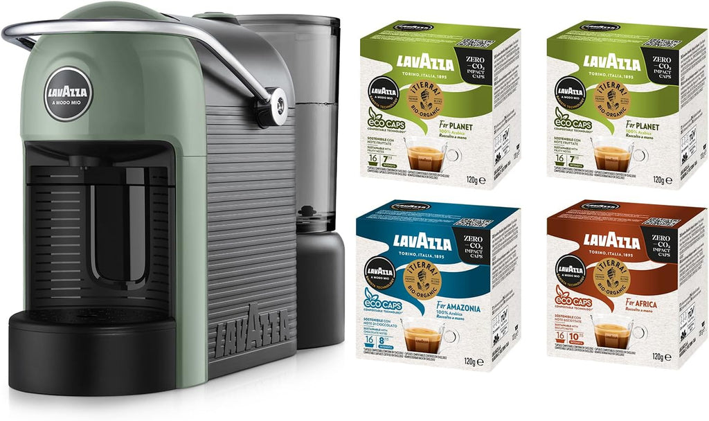 Lavazza A Modo Mio Jolie Evo, Macchina per Caffè Realizzata con 36% di Plastica Riciclata, Macchina Espresso con 64 Capsule Lavazza A Modo Mio Tierra Assortite Incluse, Verde
