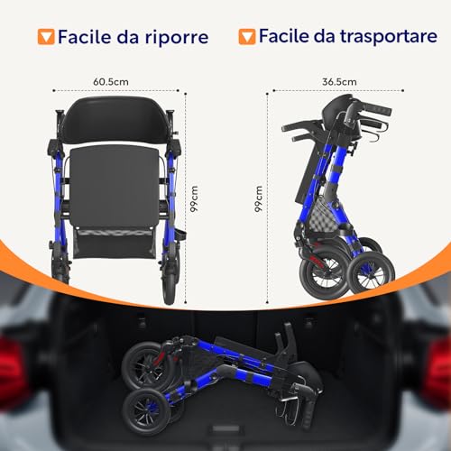 VOCIC Deambulatore Sedia Rotelle 2 in 1|Deambulatore per anziani 4 ruote con seduta,Carrello pieghevole per tutti i terreni|Rollator da esterno egolabile in altezza in alluminio |Blu 5 anni garanzia : Amazon.it: Salute e cura della persona
