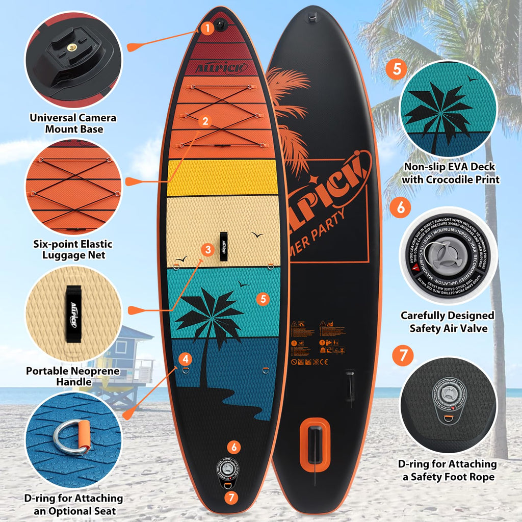 Set premium tavola SUP ALLPICK, tavola da Stand Up Paddling gonfiabile, con supporto universale per fotocamera, accessori completi, pagaia regolabile, per principianti e avanzati, capacità 150kg/180kg, colore arancione crepuscolo.