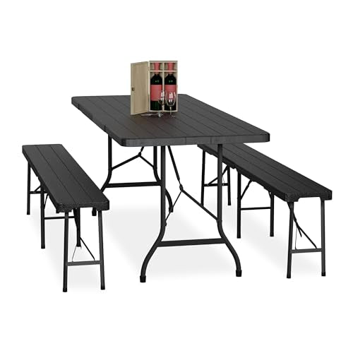 Relaxdays Tavolo da Birreria con Panche, Set da Giardino, Panchine e Tavolino 180 cm Pieghevoli, Aspetto Legno, Nero, Acciaio : Giardino e giardinaggio