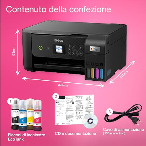 Epson EcoTank ET 2821 Stampante Multifunzione 3 in 1 A4, Serbatoi Ricaricabili Alta Capacità, 4 Flaconi Inclusi pari a 3600pag B/N 6500pag Colore, Display LCD USB Wi Fi/Direct, Nero : Informatica