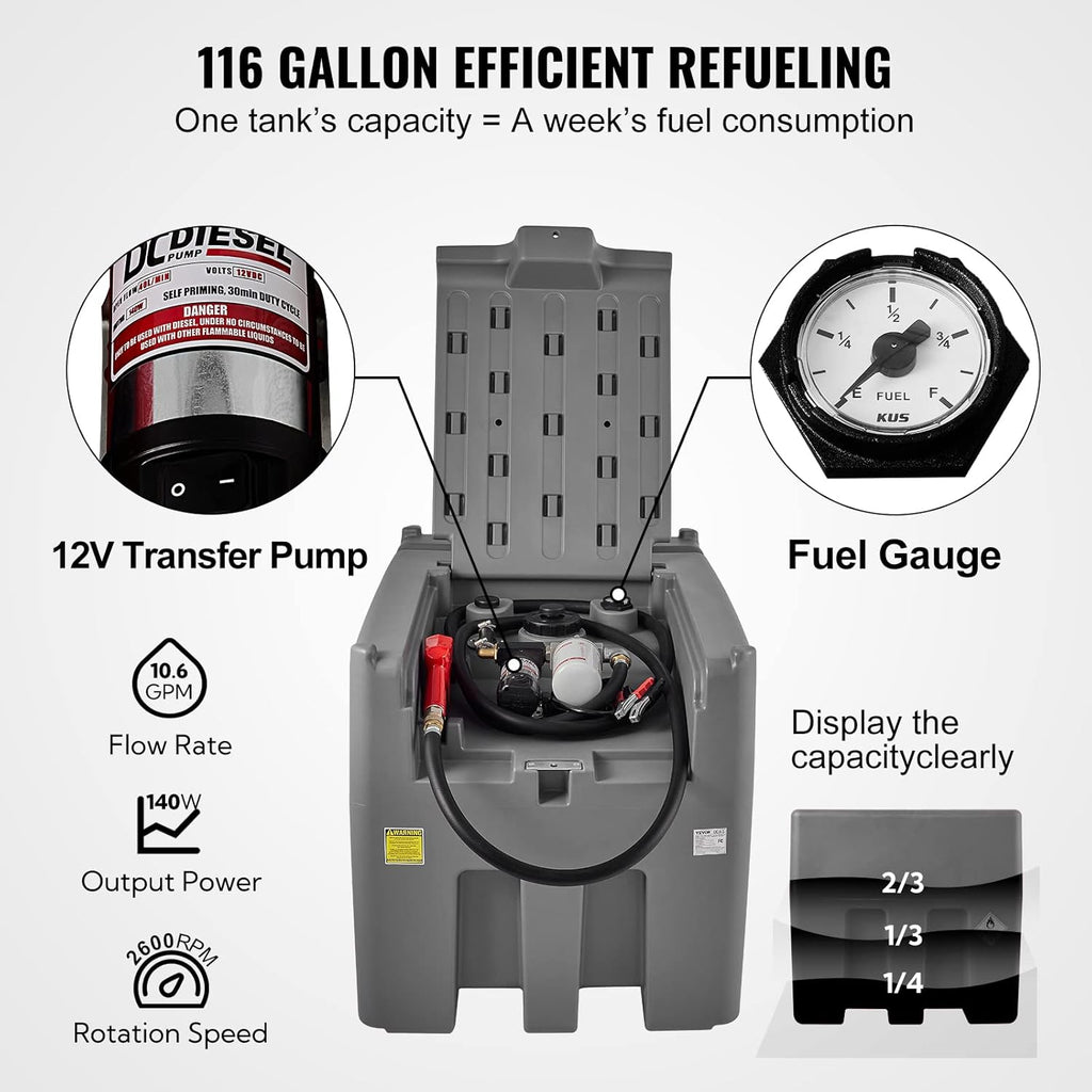 VEVOR Portable Fuel Tank 439 Litre 12V DC Large Fuel Tank with Grey Transfer Pump for Tractor Ship Camper Outdoor Industries Construction Industries