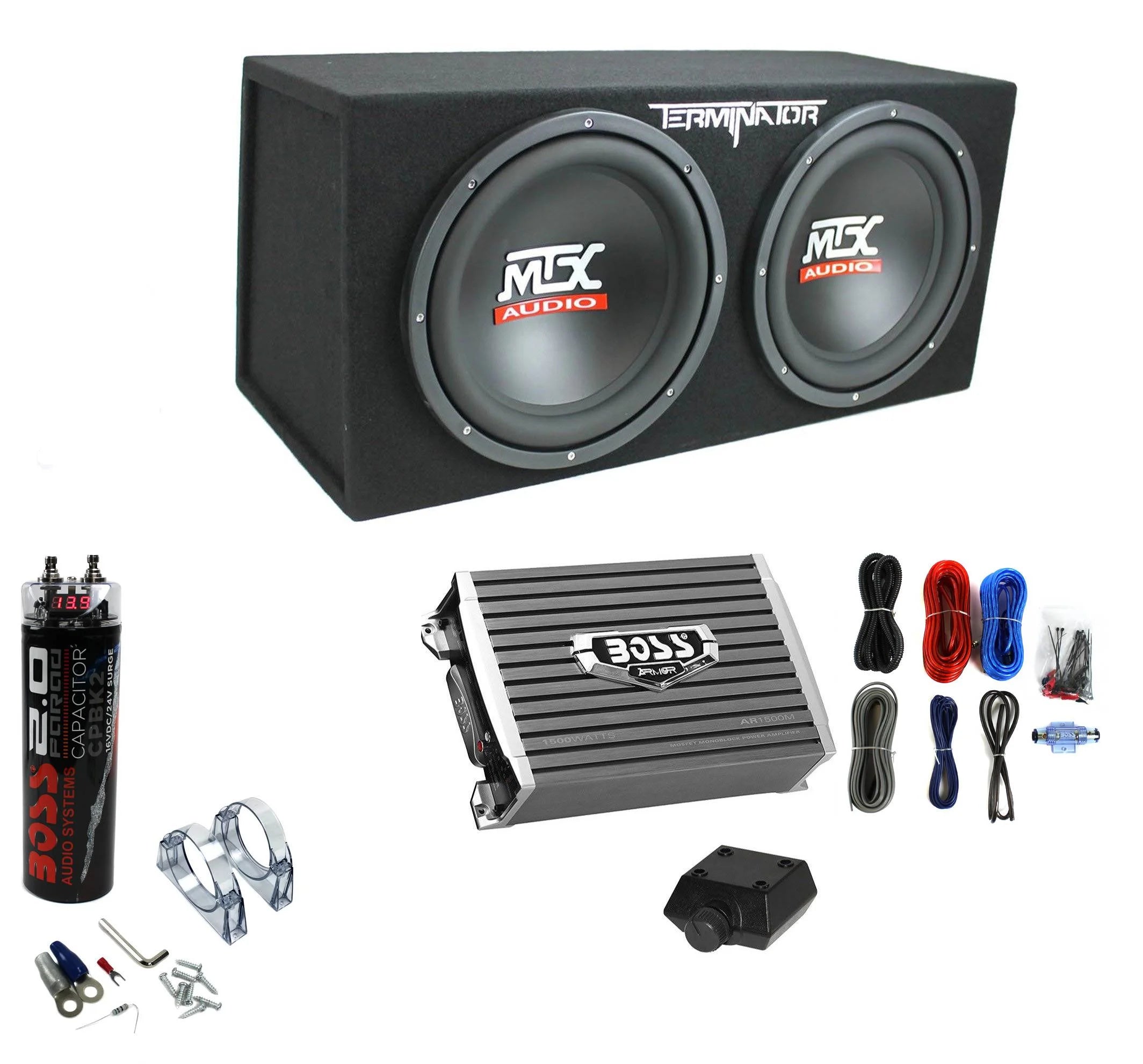 MTX TNE212D Subwoofer doppio da 12" e 1200 W con amplificatore monoblocco da 1500 W e condensatore da 2 Farad