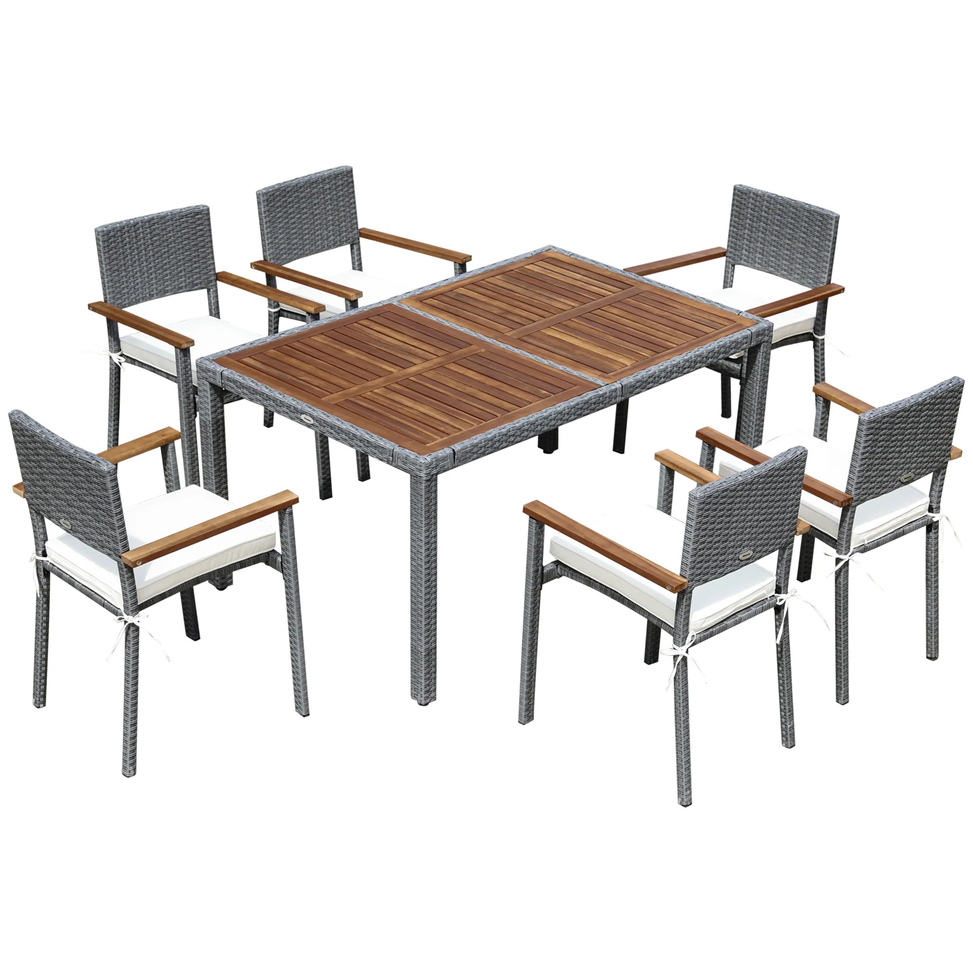 EasyComfort Set da Giardino 7 Pezzi, Tavolo in Acciaio e 6 Sedie in Legno e Rattan con Cuscini, Grigio