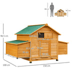 Easycomfort Pollaio Gabbia Ovaiole per Galline da Giardino con 2 Cassetti, Nido e Tetto da Esterno Impermeabile in Legno, 150x100x96.5 cm