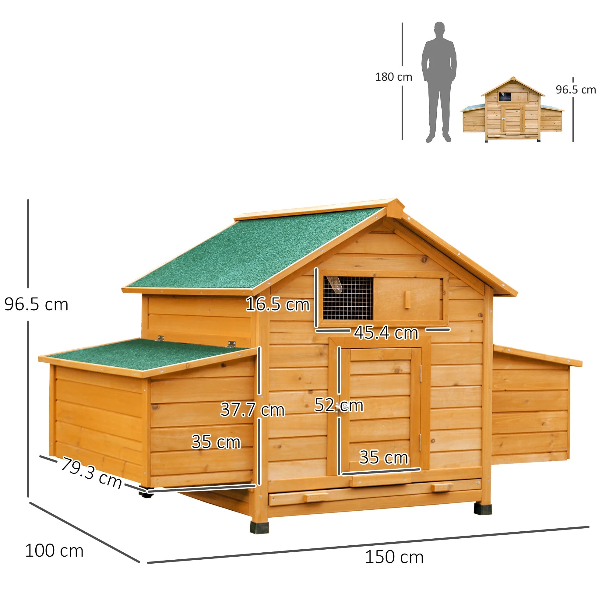 Easycomfort Pollaio Gabbia Ovaiole per Galline da Giardino con 2 Cassetti, Nido e Tetto da Esterno Impermeabile in Legno, 150x100x96.5 cm
